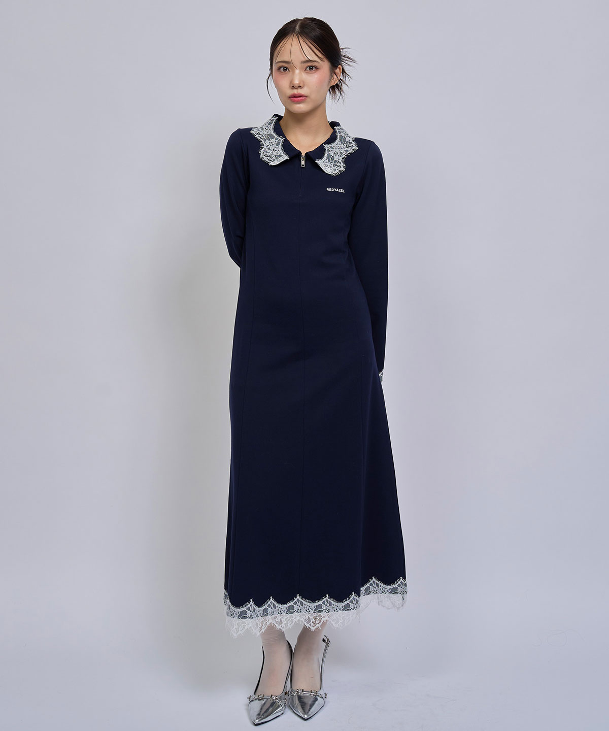レーストリムハーフZIPポロカットロングワンピース