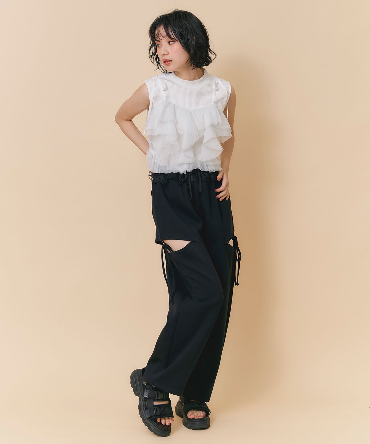 ショルダーリボンビスチェ×ノースリーブニット