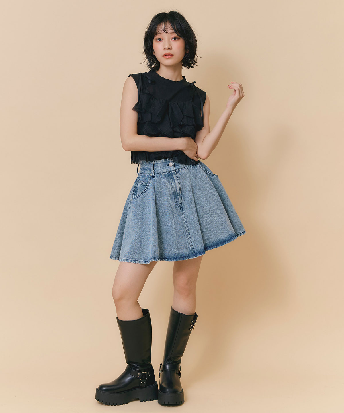 ショルダーリボンビスチェ×ノースリーブニット