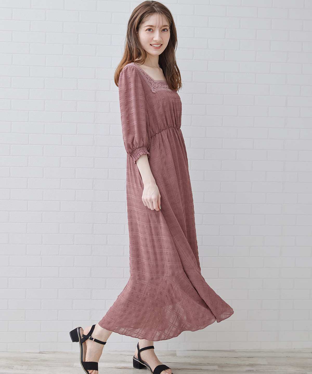 ドビーチェックスクエアネックワンピース M ピンク Swingle 公式オンラインショップ バーンデストローズ