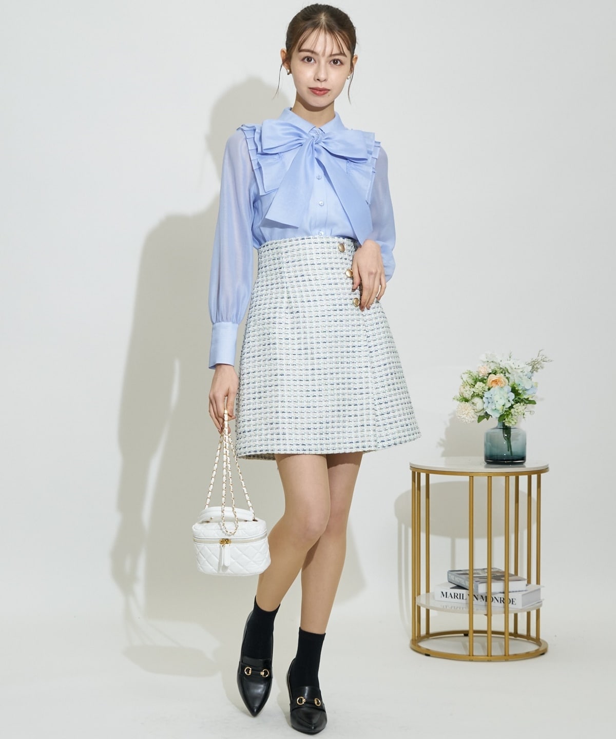 金ボタンミックスツイードミニスカート