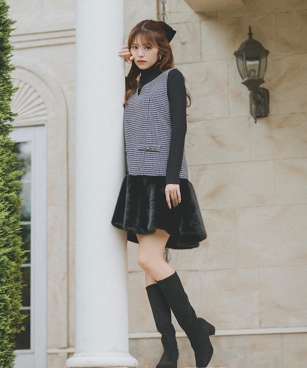 千鳥柄ヘムファーVネックジャンパースカート