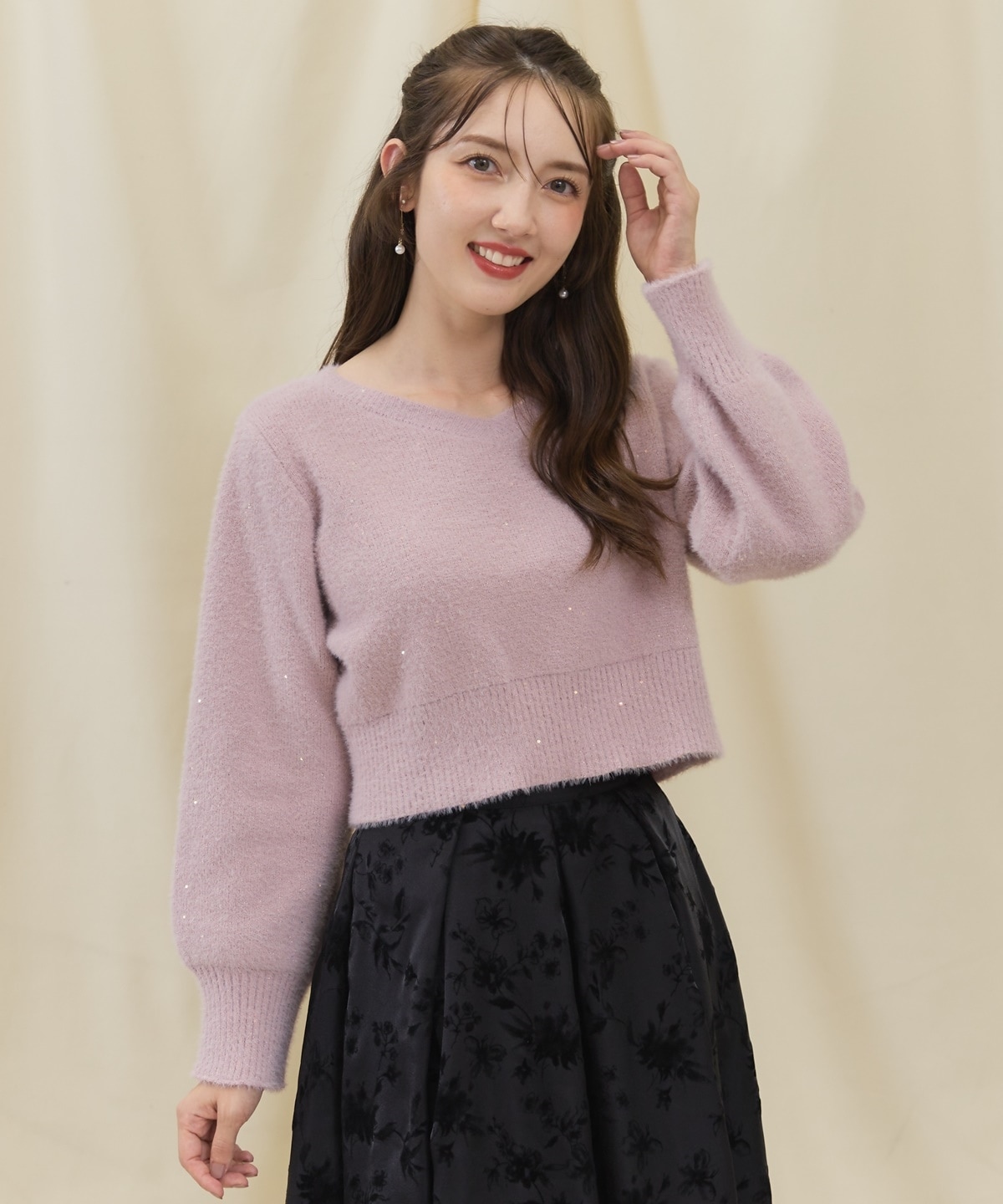 Vネックミニフラワースパンコールニットプルオーバー