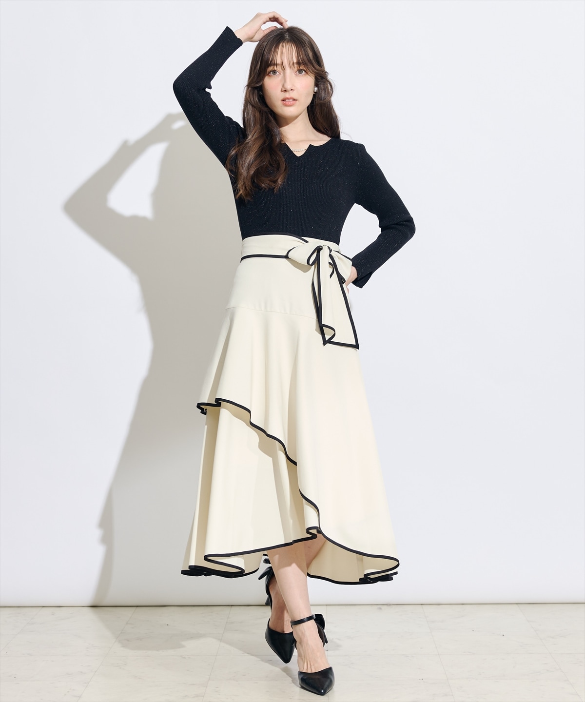 リボンベルトアシメフレアパイピングスカート