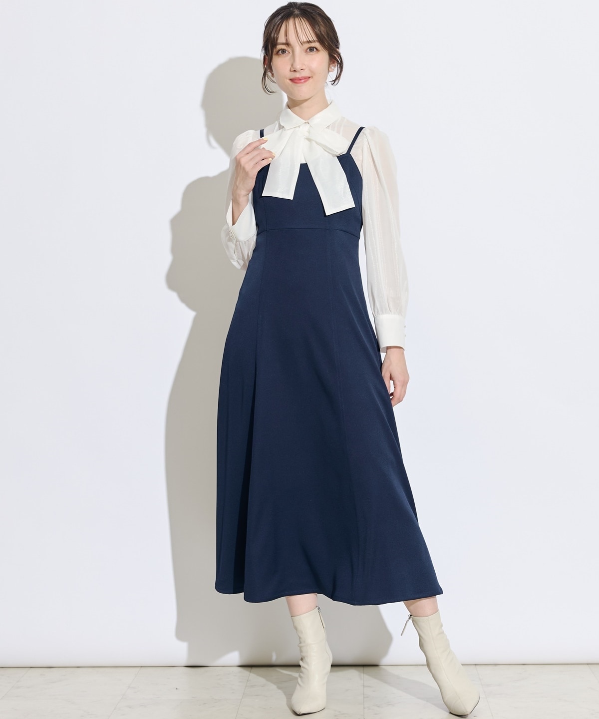 2WAYボウタイブライトシアーシャツレイヤードキャミワンピース