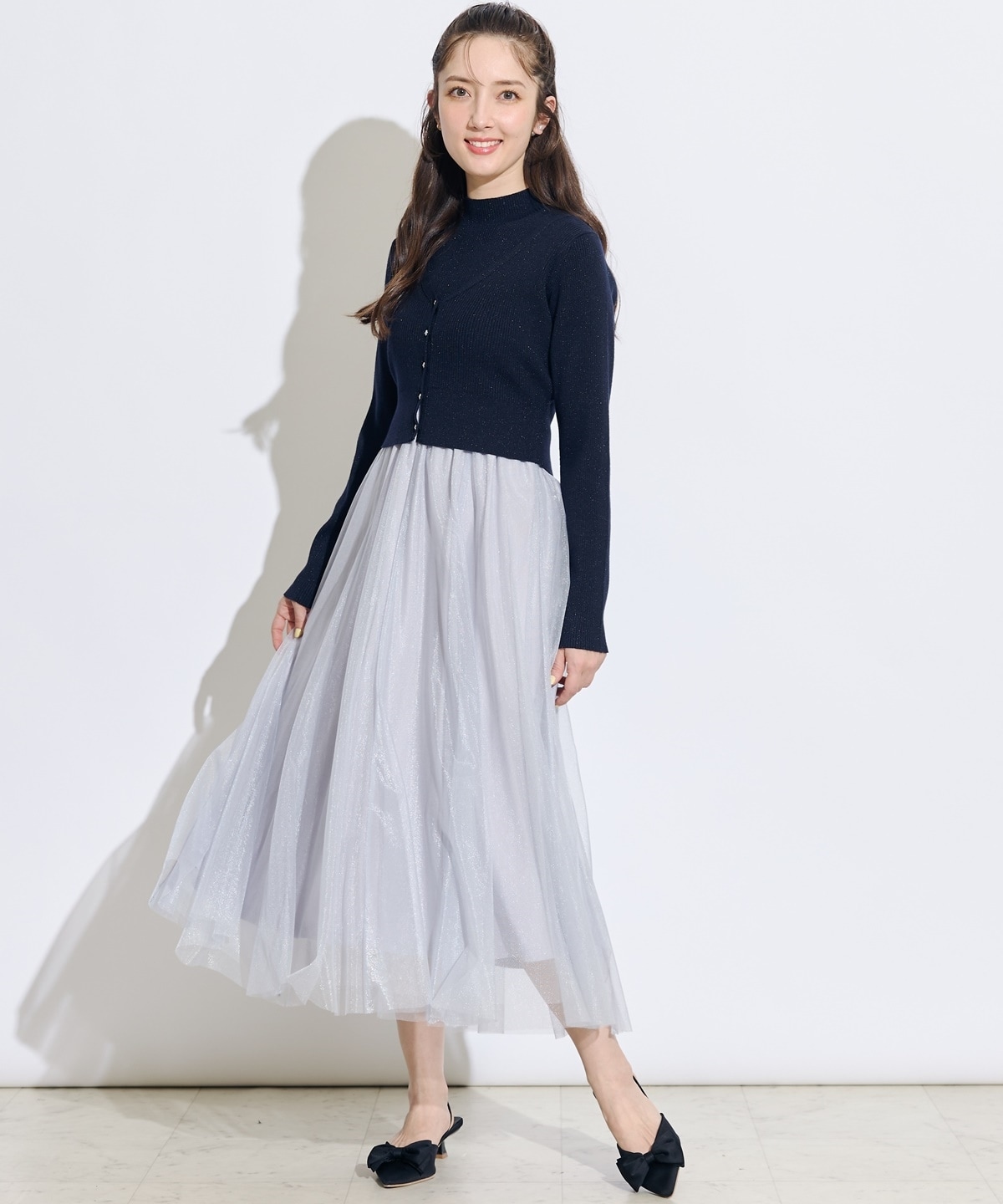 【展示会3位】カーディガンアンサンブルラメニットドッキングワンピース