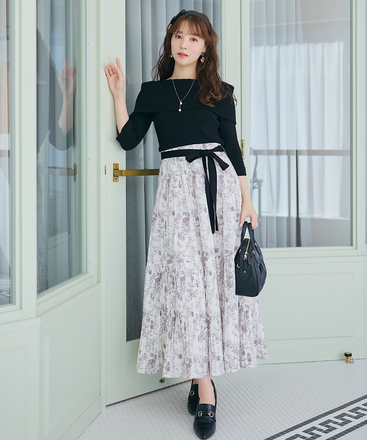 オフショルニットドッキングプリーツワンピース