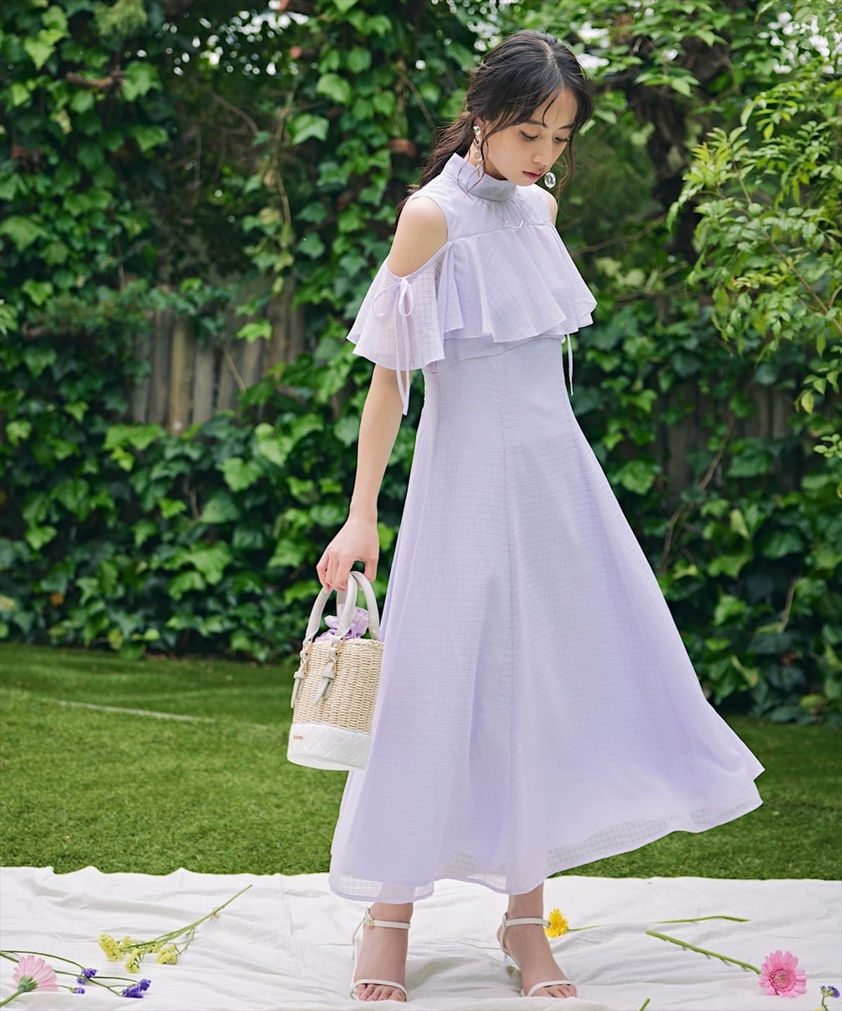 シアーチェックケープオフショルワンピース