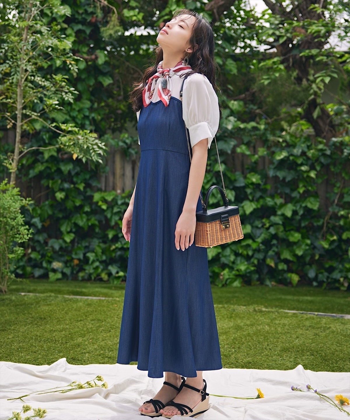 バックリボン異素材ドッキングマーメイドデニムワンピース