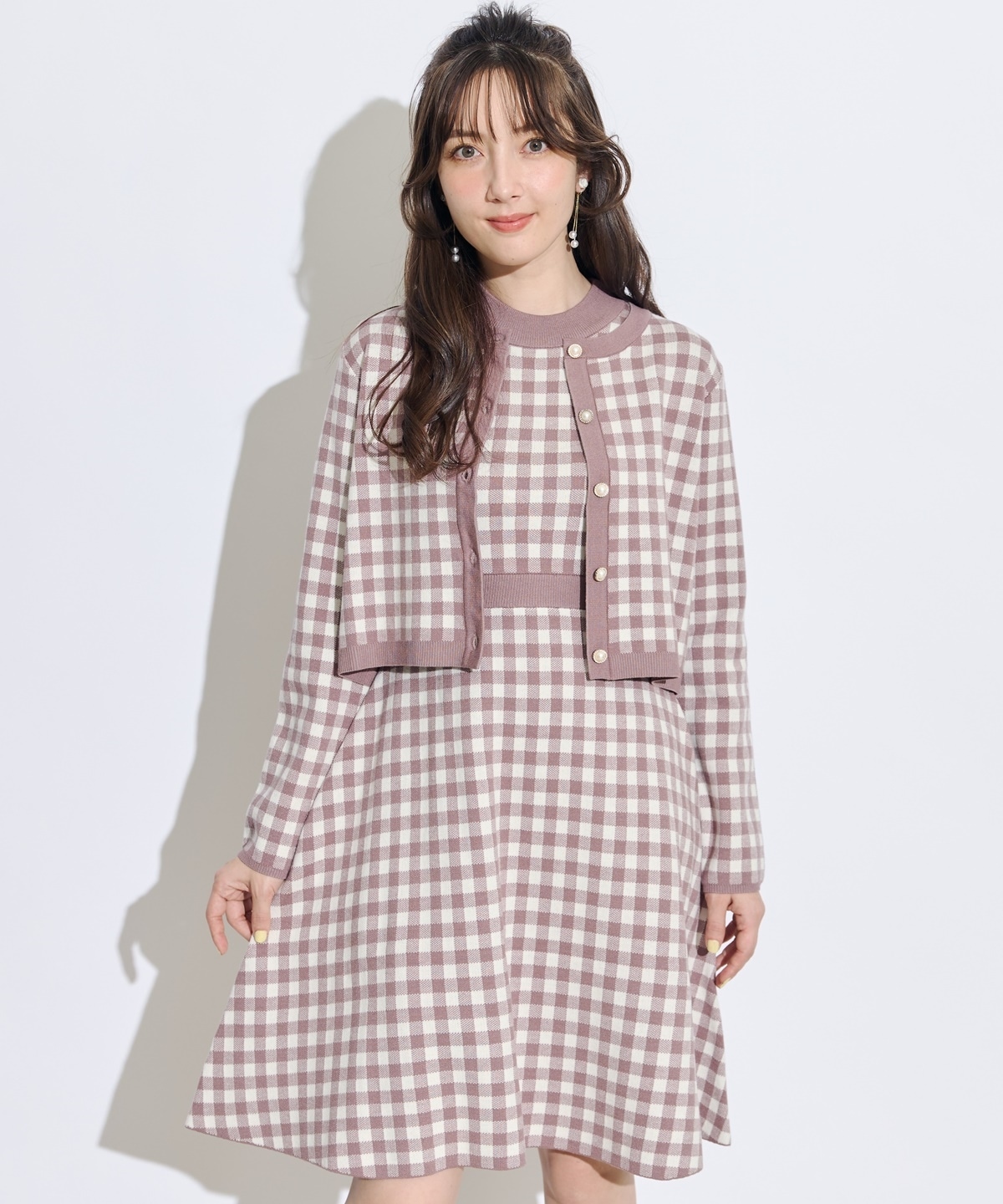配色ギンガムチェックニットカーディガン