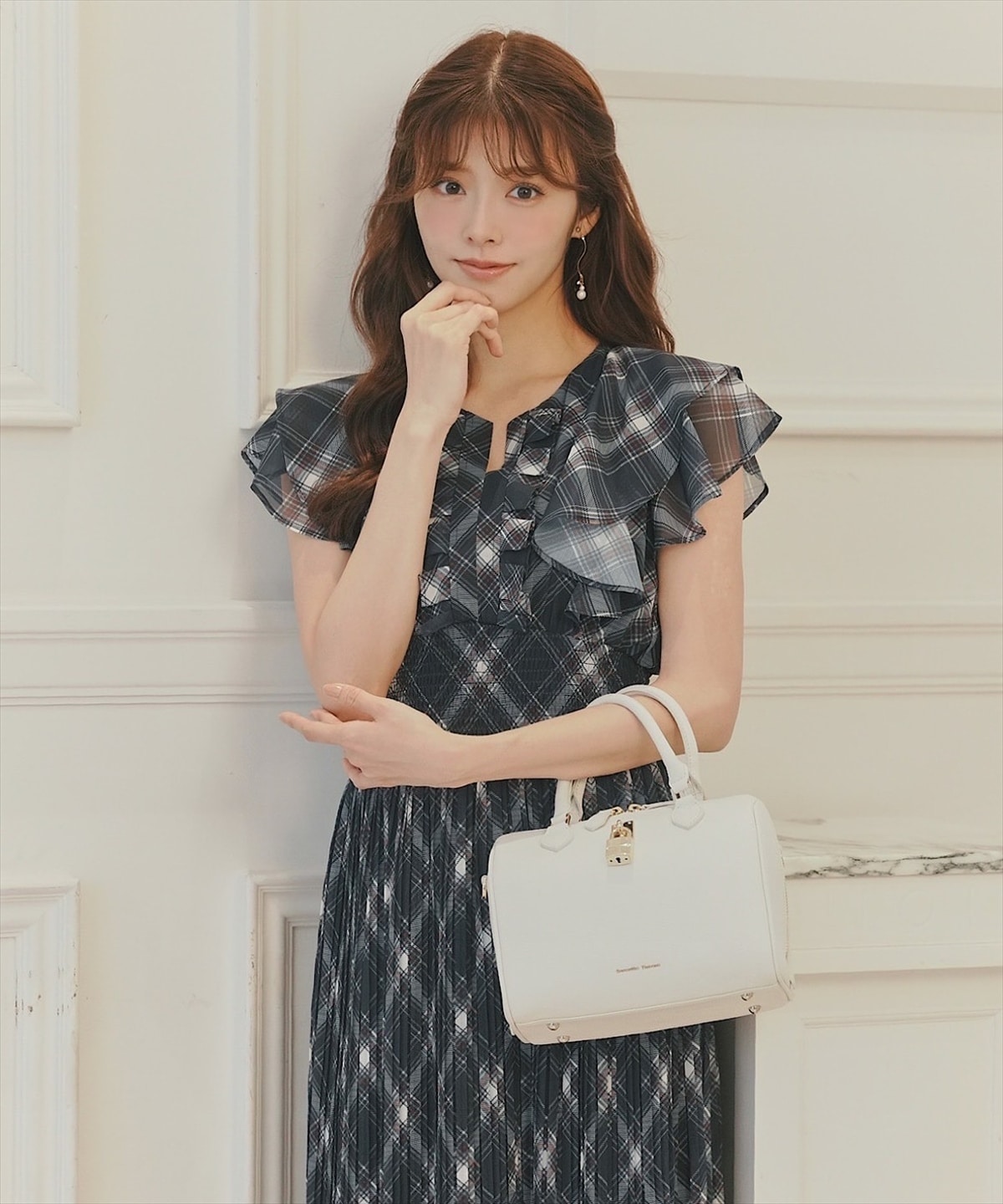 チェックプリーツシフォンワンピース