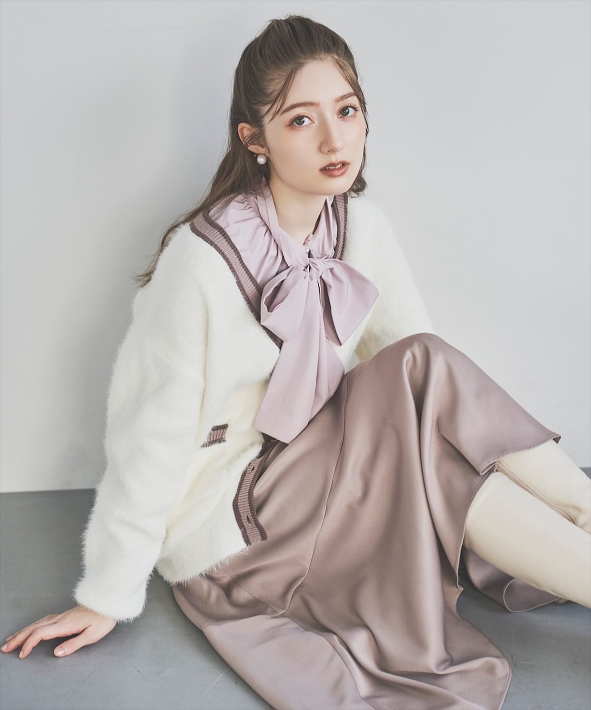 配色シャギーニットカーディガン