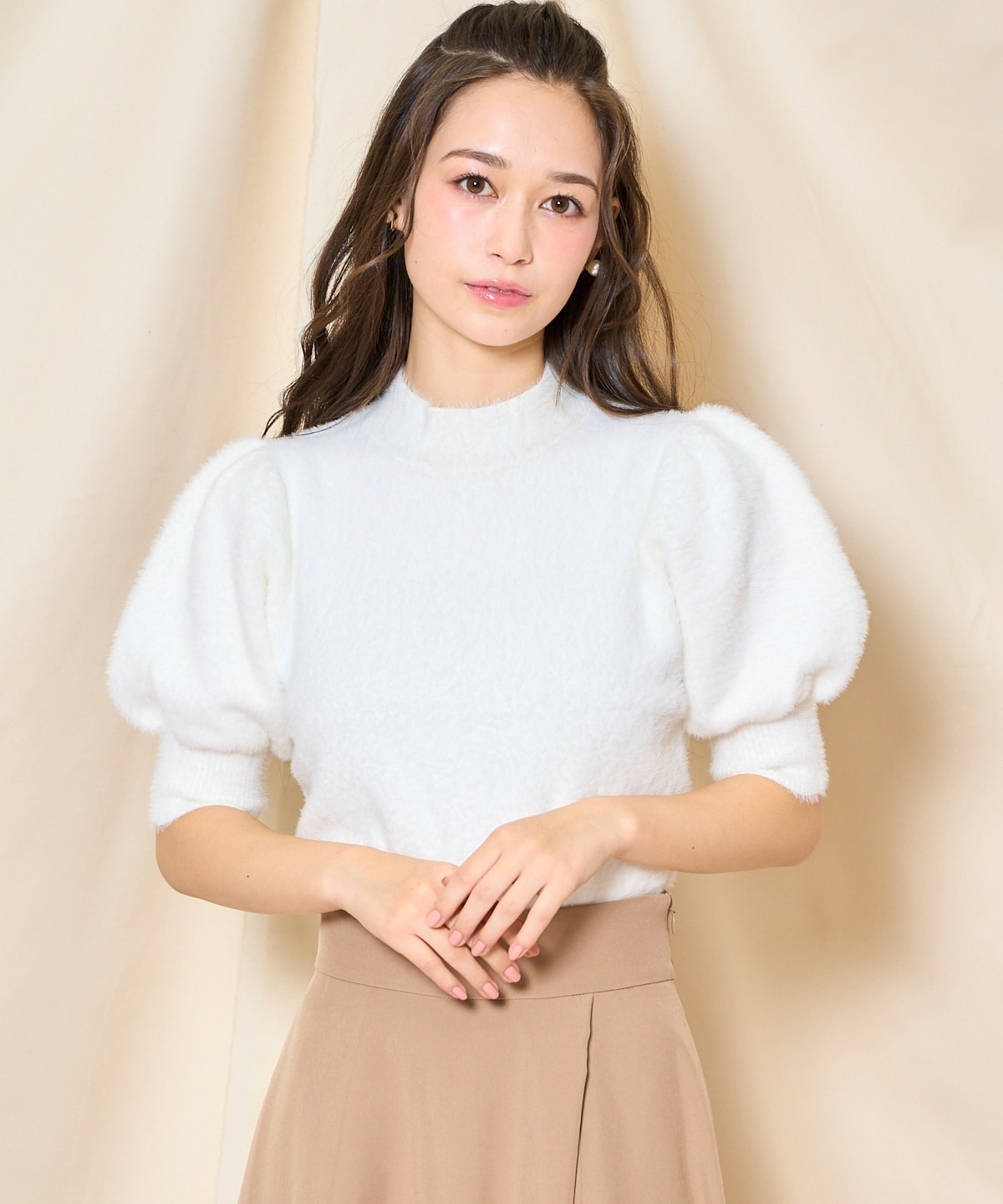 ラメシャギーパフスリーブニットプルオーバー