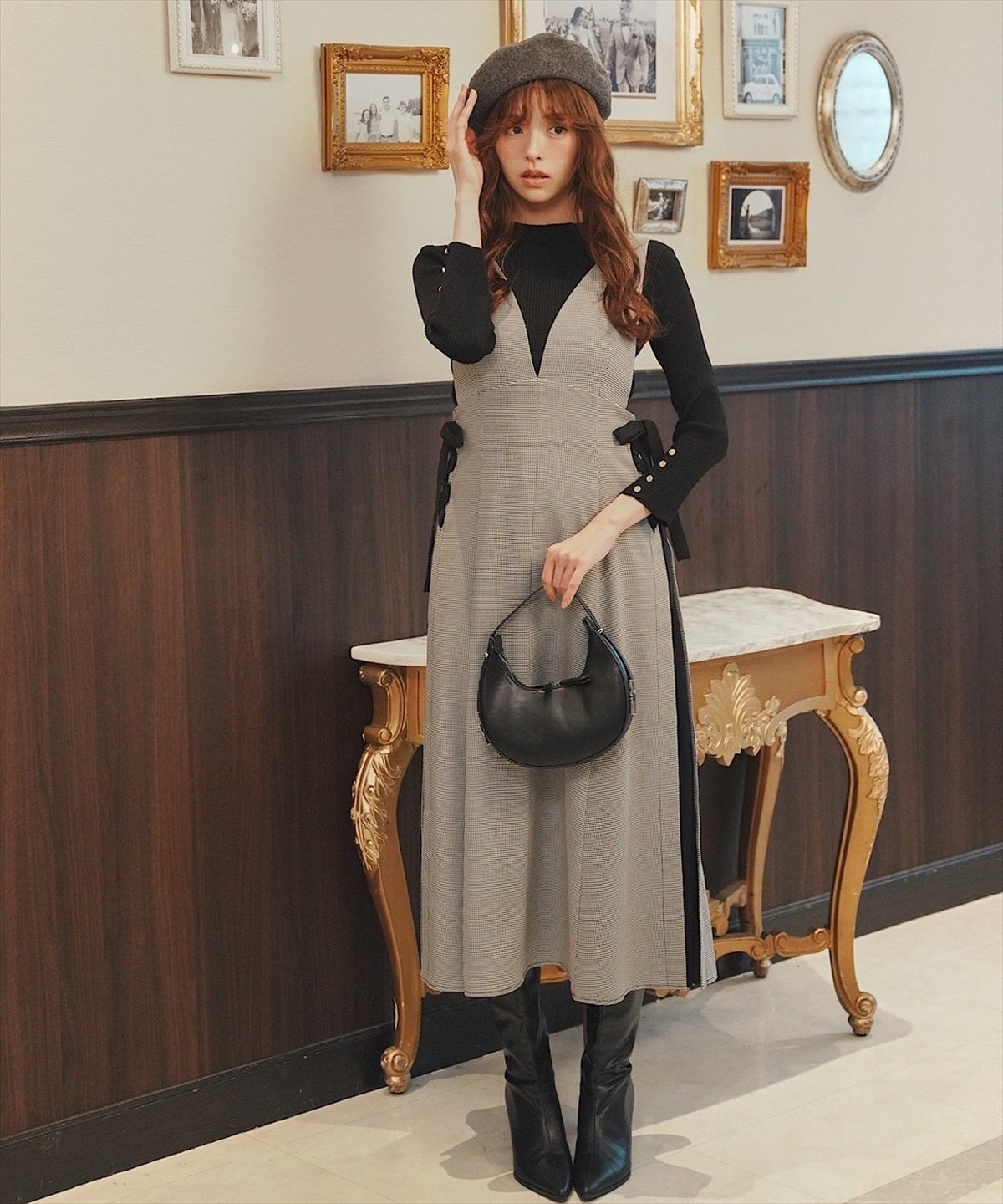 金ボタンモックネックリブニットプルオーバー