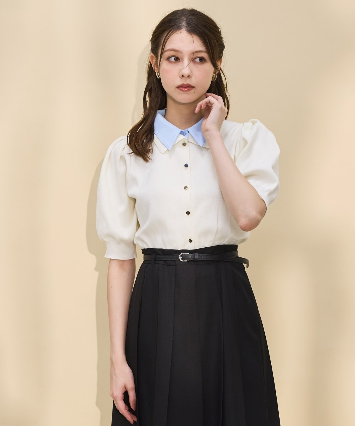 金ボタンシャツレイヤードニットプルオーバー