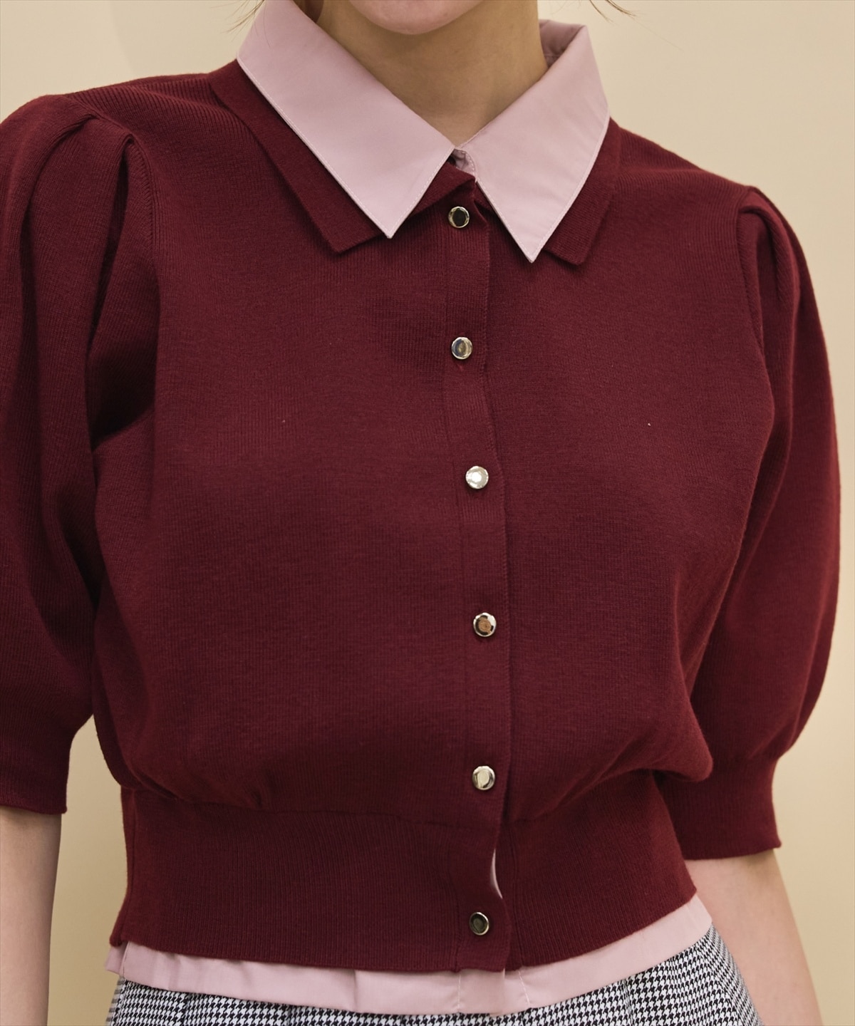 金ボタンシャツレイヤードニットプルオーバー