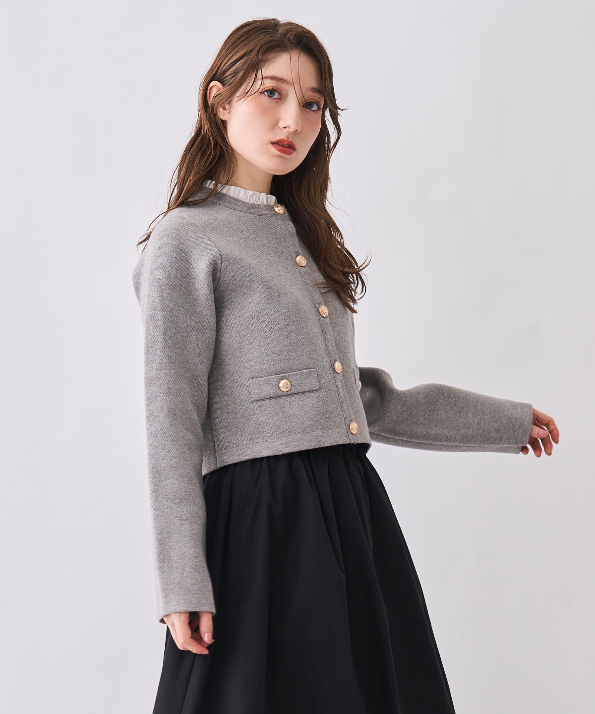 【12/5(Fri)発売開始】フリル襟付きノーカラーニットカーディガン