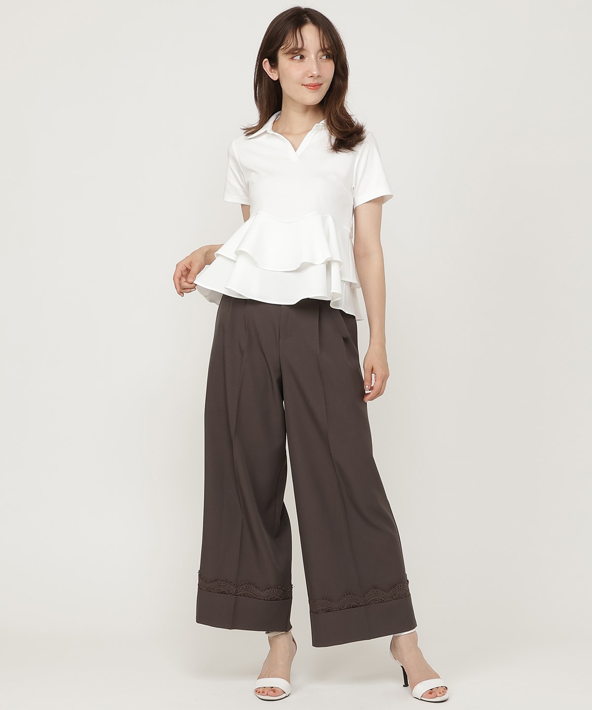 レースロールアップタックワイドパンツ