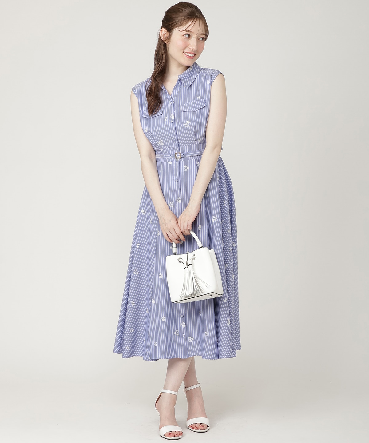 【7/3発売】ストライプ×フラワー刺繍シャツワンピース