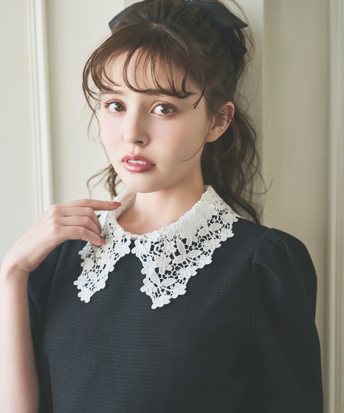 ラメツイードレース襟ワンピース