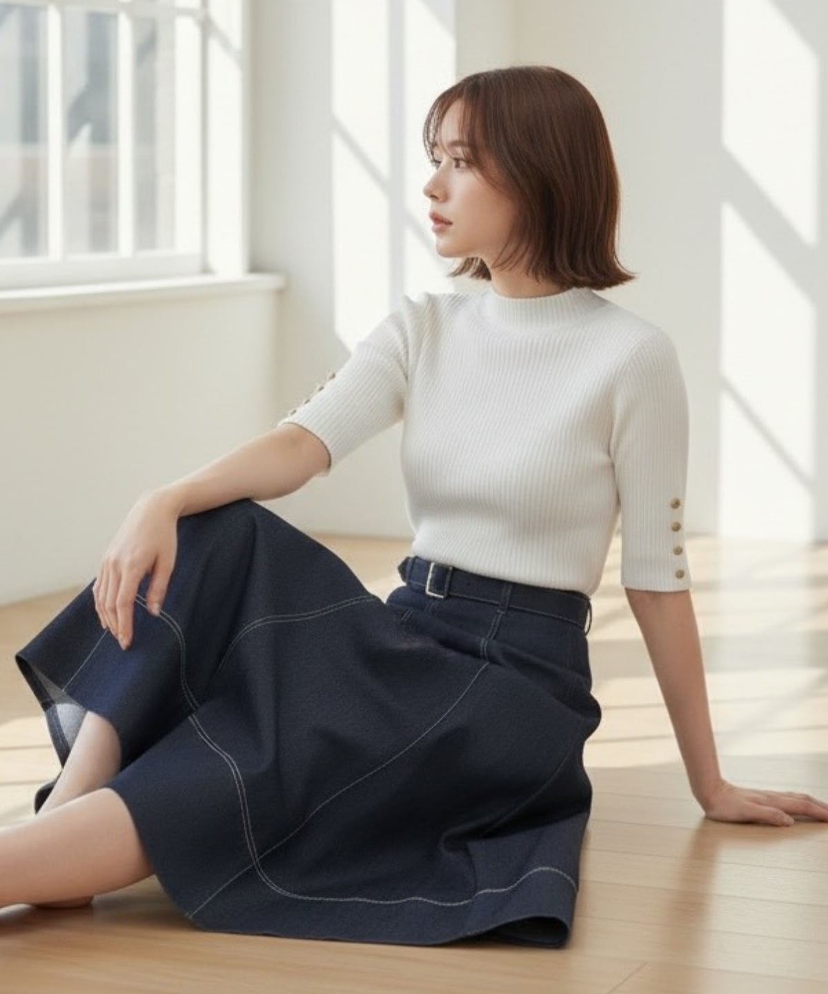 5分袖金ボタンリブニット