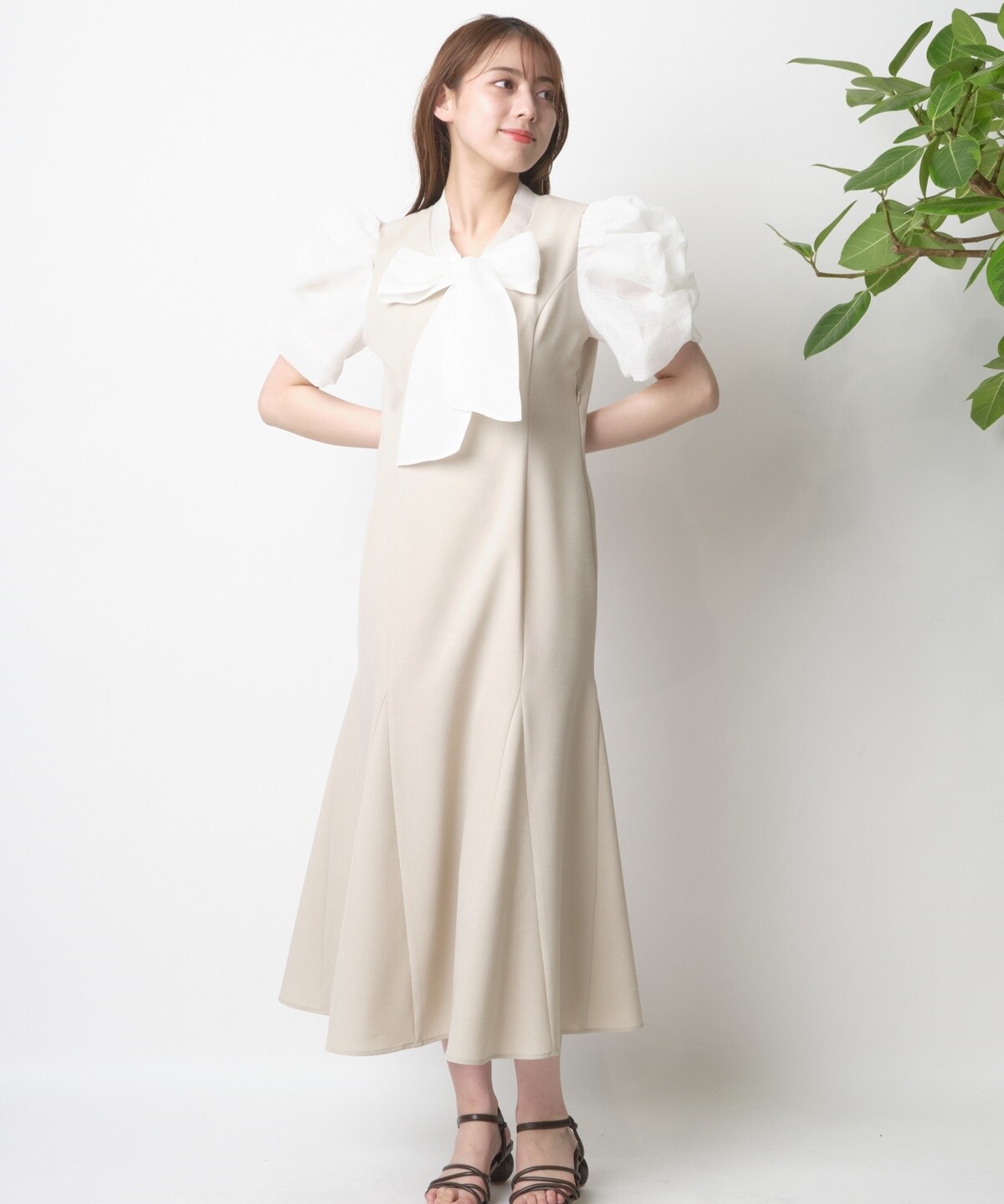 シフォン袖配色ワンピース M ベージュ Willselection 公式オンラインショップ バーンデストローズ
