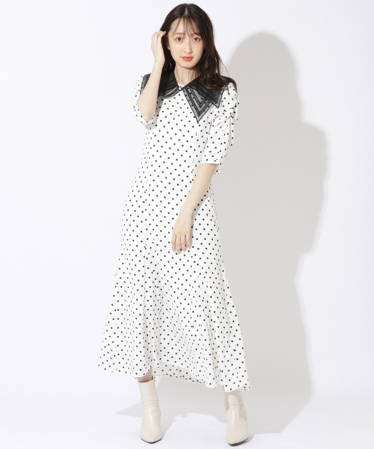 團遥香さん着用 衿付きドットワンピース M ホワイト系水玉 Willselection 公式オンラインショップ バーンデストローズ