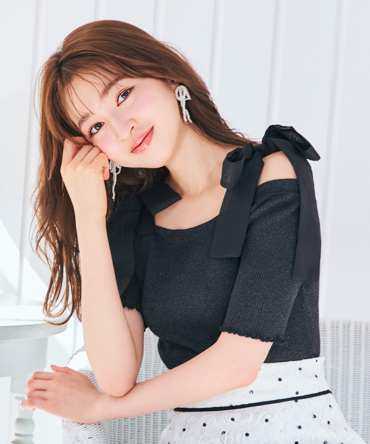  異素材肩リボンオフショルニット