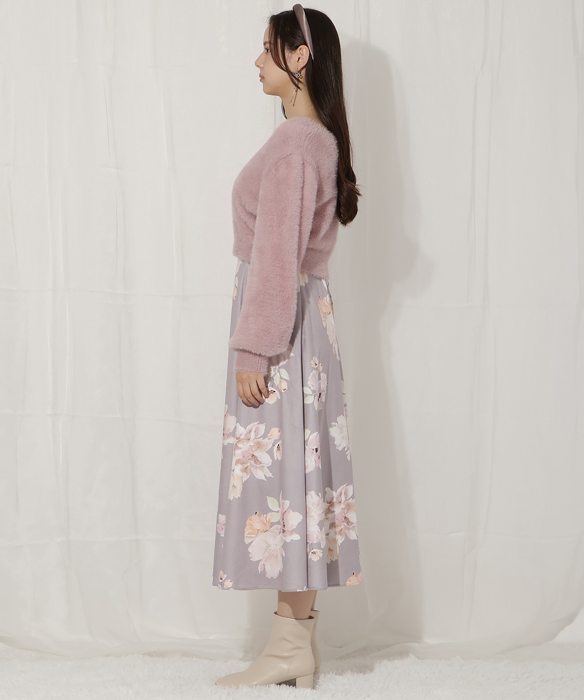 シャギーニット×フレアワンピース