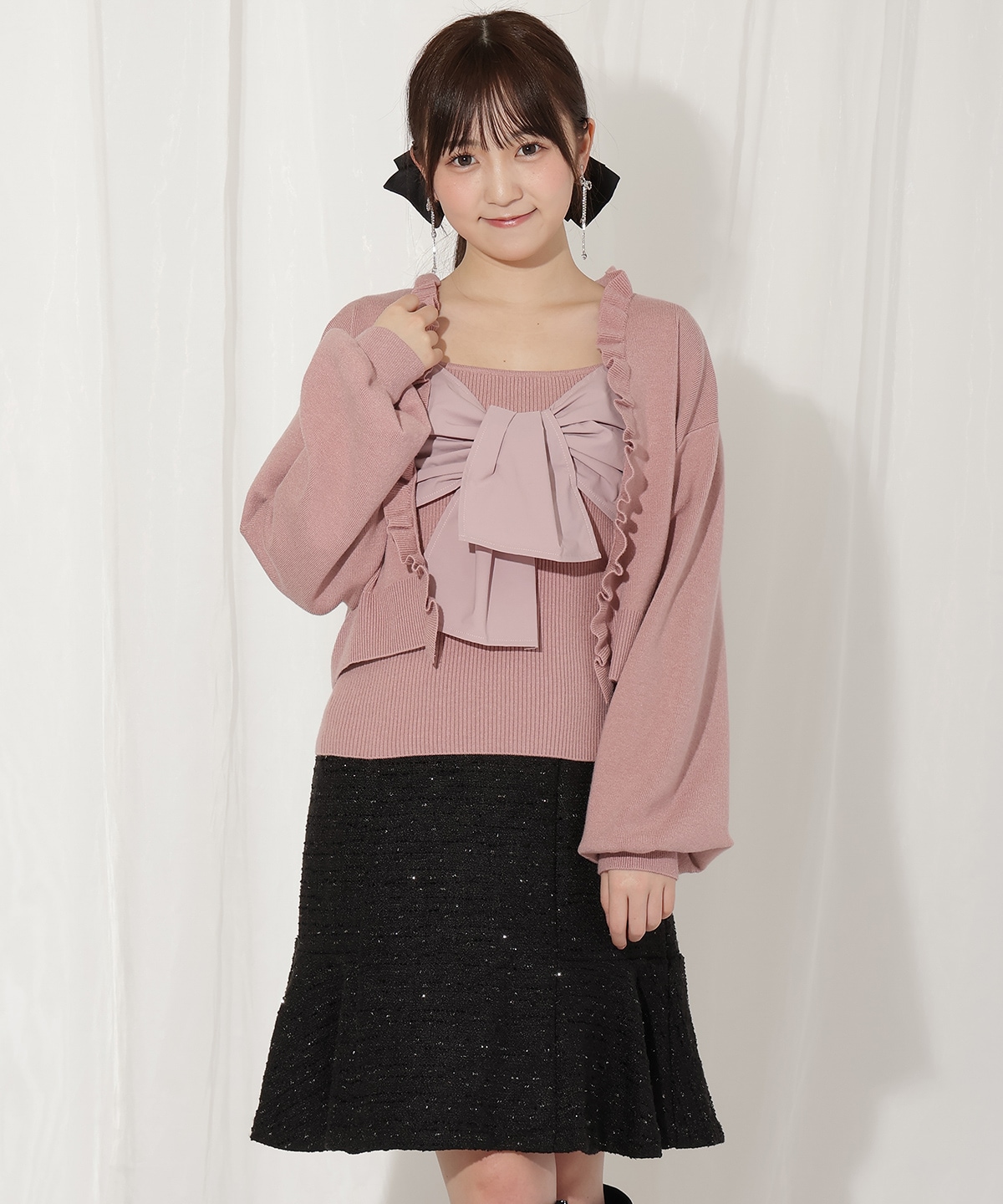 フリルカーディガン×リボンキャミセット