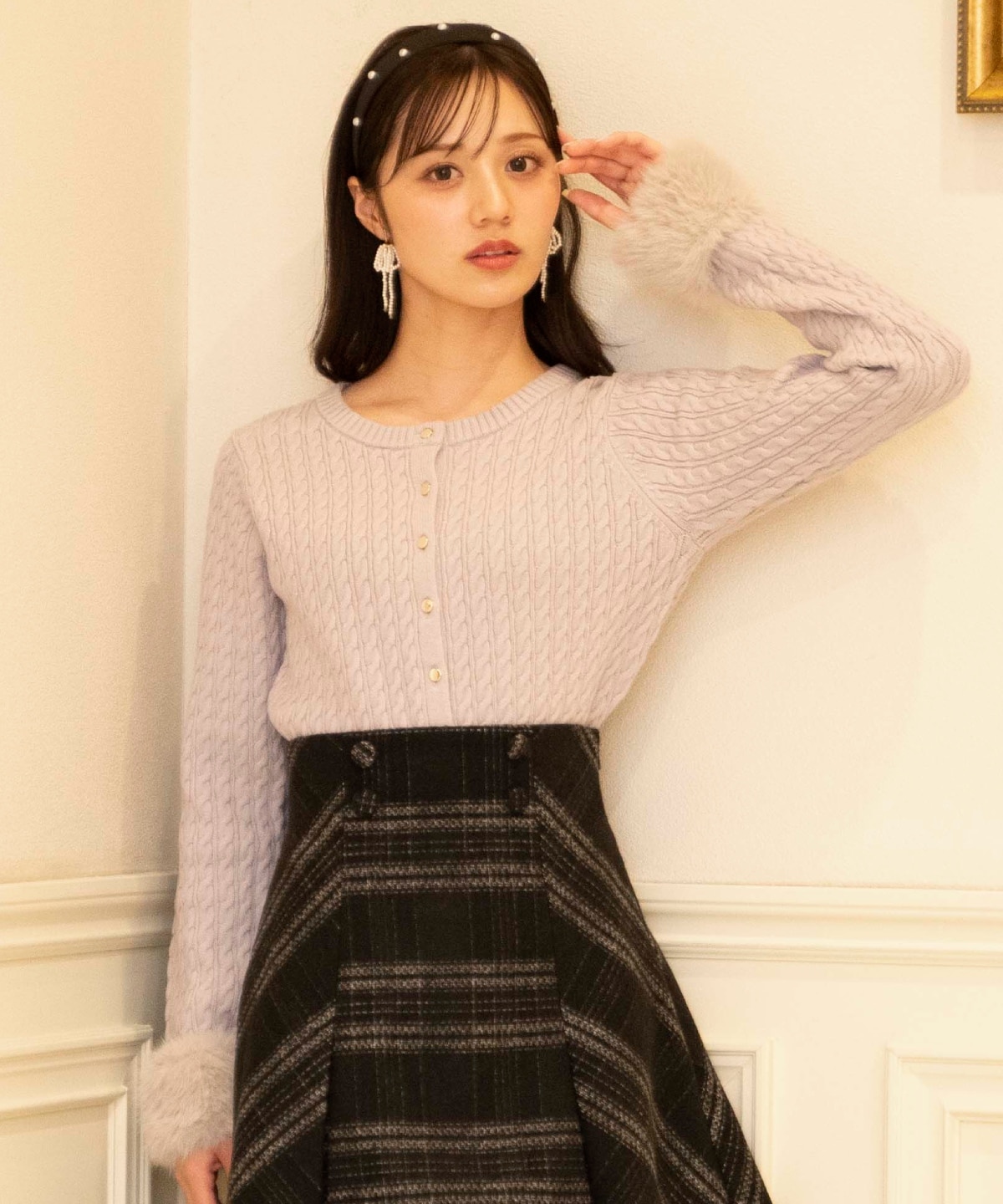 ファーカフスケーブルカーディガン