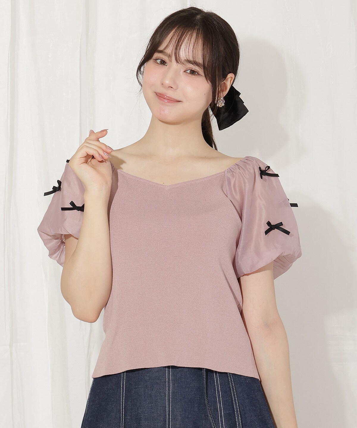 ハートネックミニリボンニット