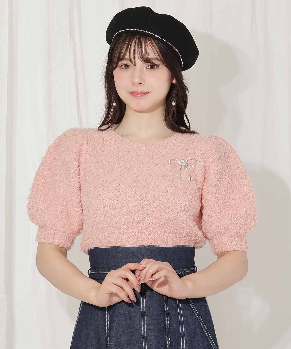 リボンブローチ付きテディヤーンニット