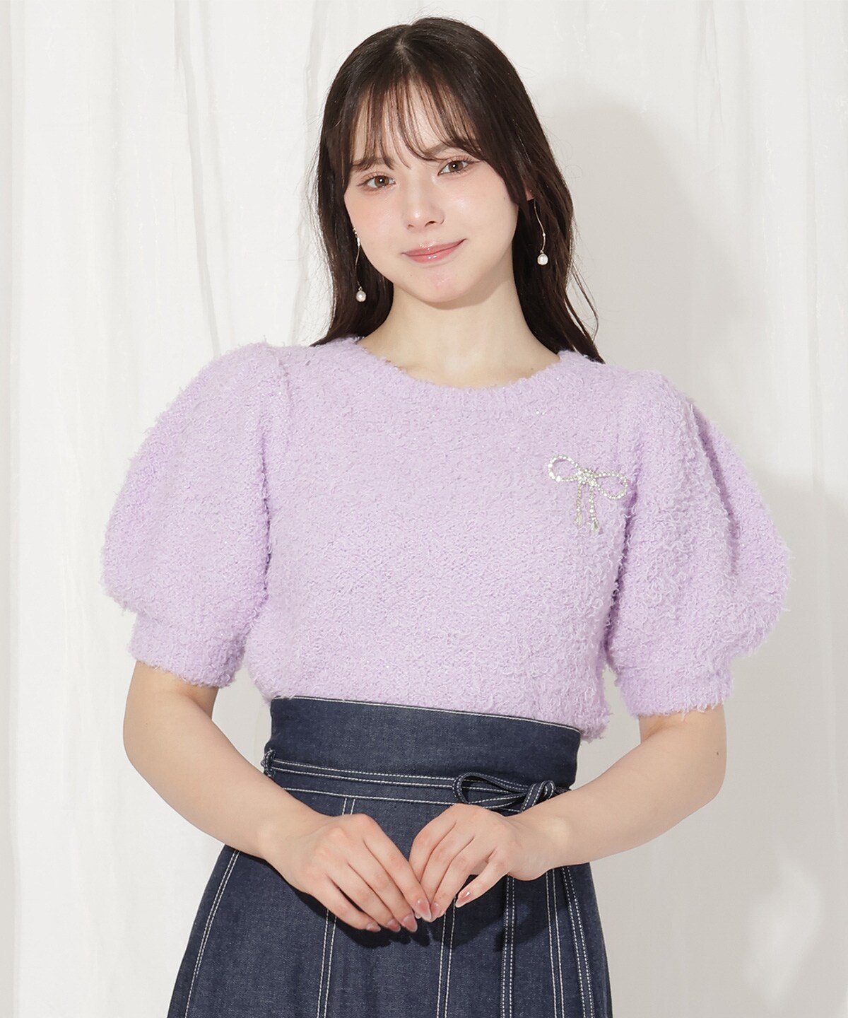 リボンブローチ付きテディヤーンニット