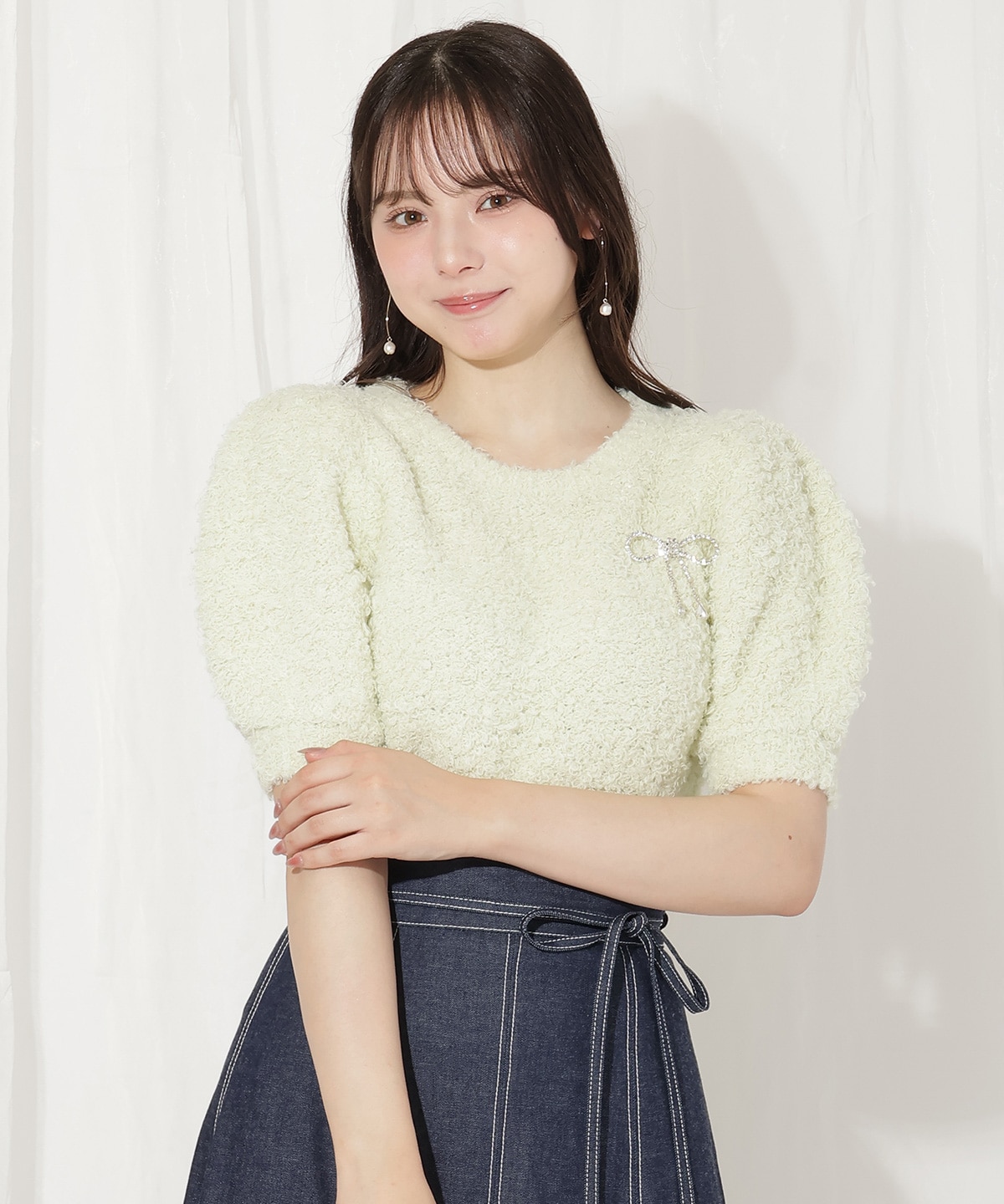 リボンブローチ付きテディヤーンニット