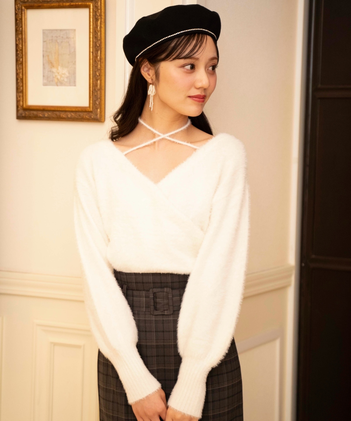 クロスネックカシュクールフェザーニット