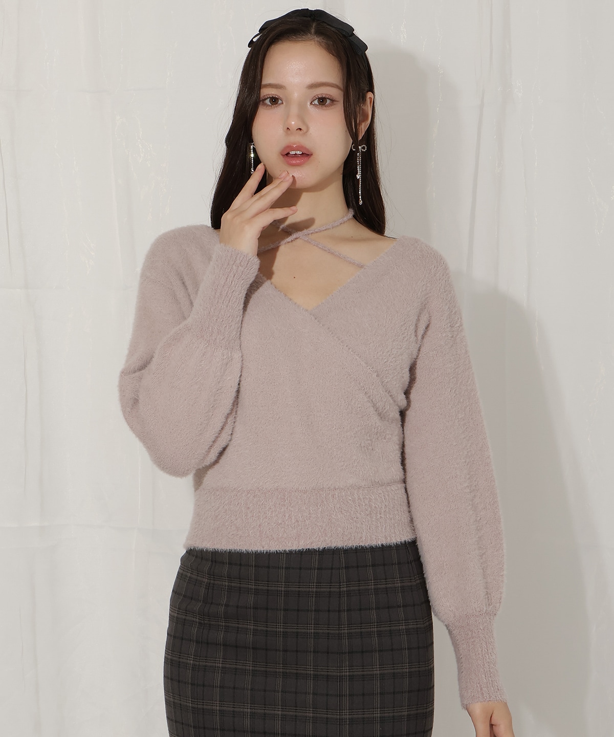 クロスネックカシュクールフェザーニット