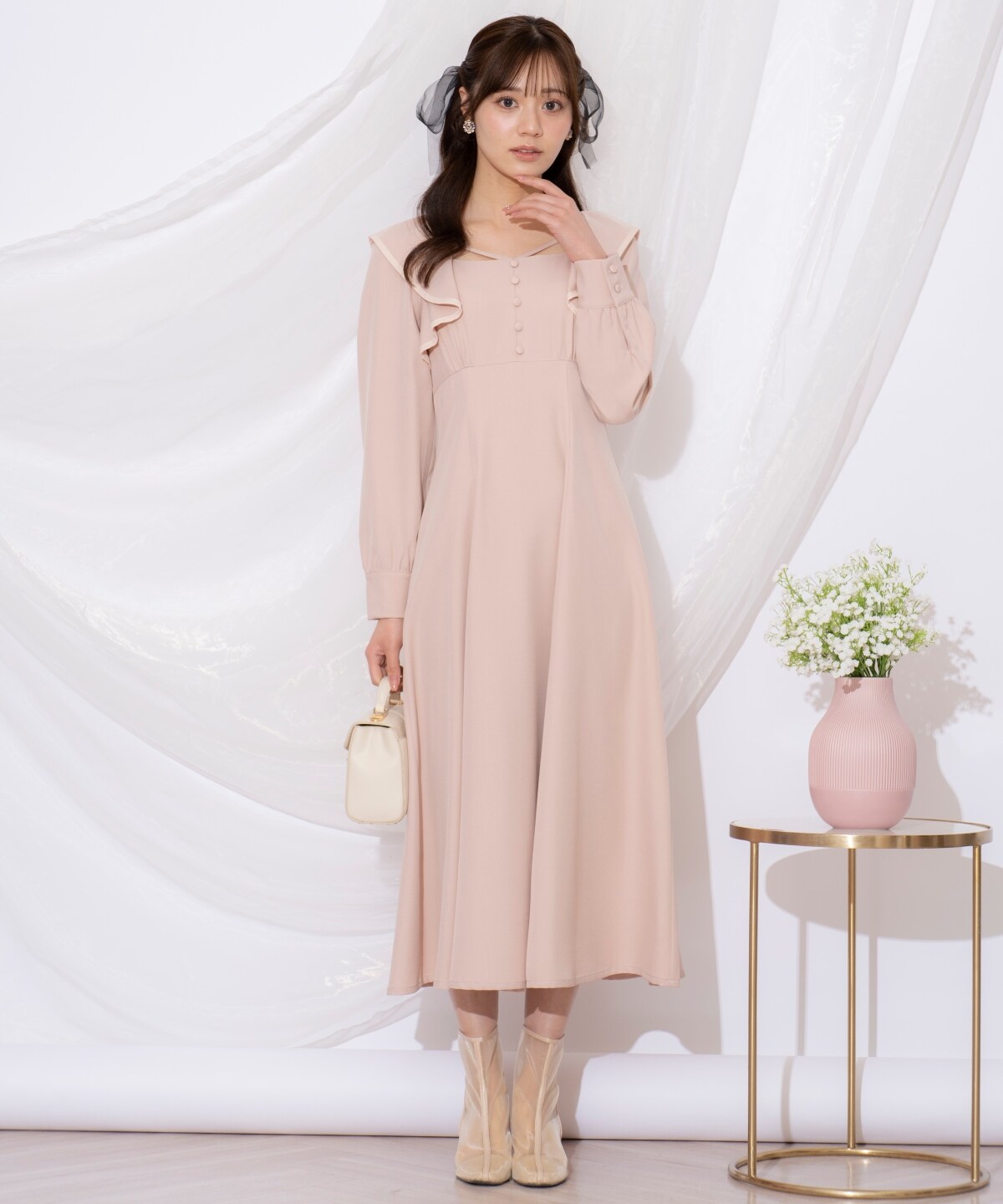 配色パイピングフリルワンピース