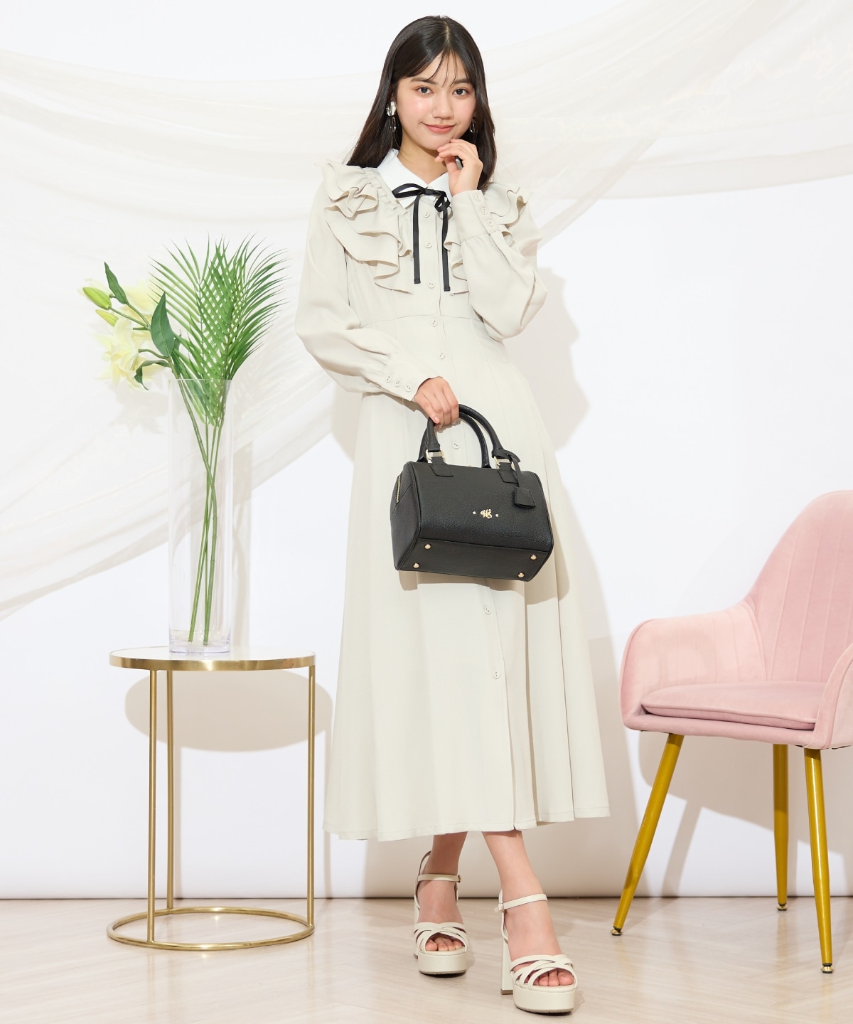 配色襟ダブルフリルシャツワンピース