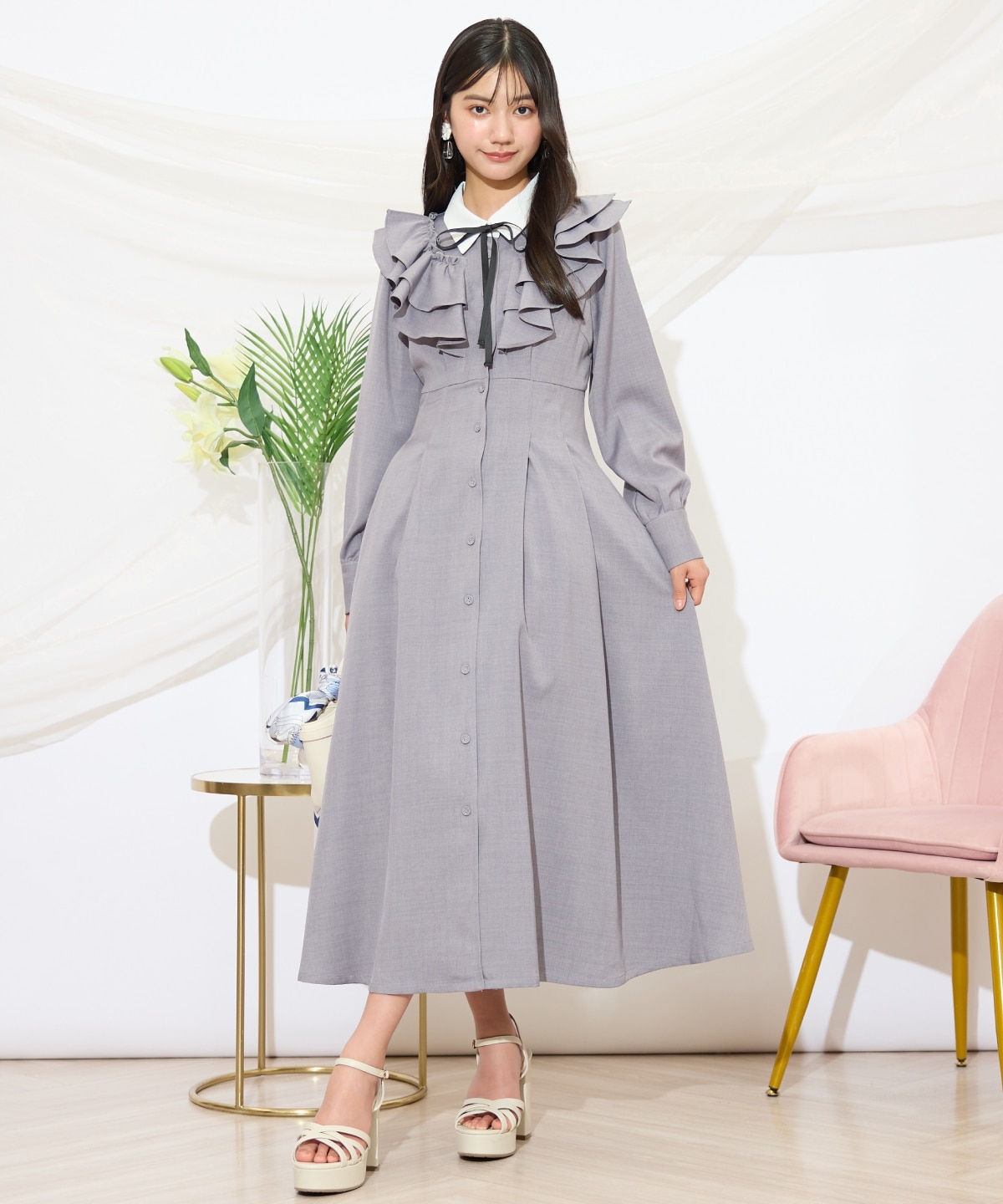 配色襟ダブルフリルシャツワンピース