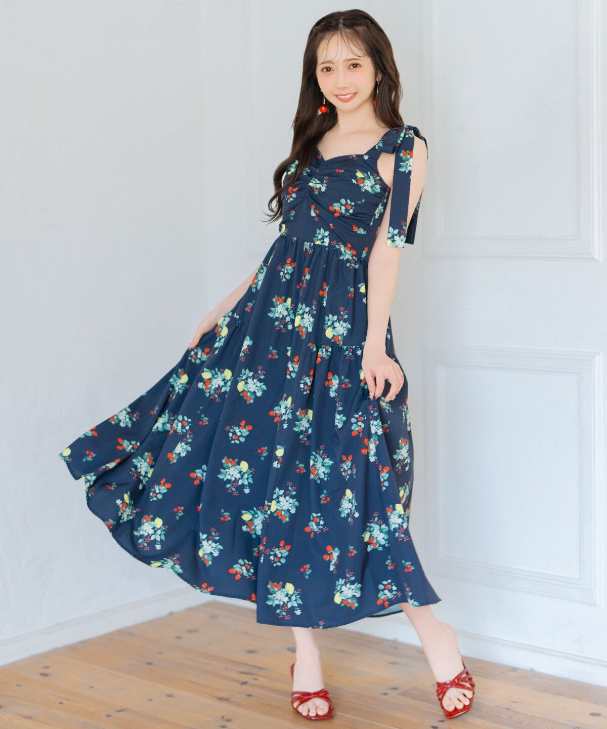 リボンショルダーフルーツプリントワンピース