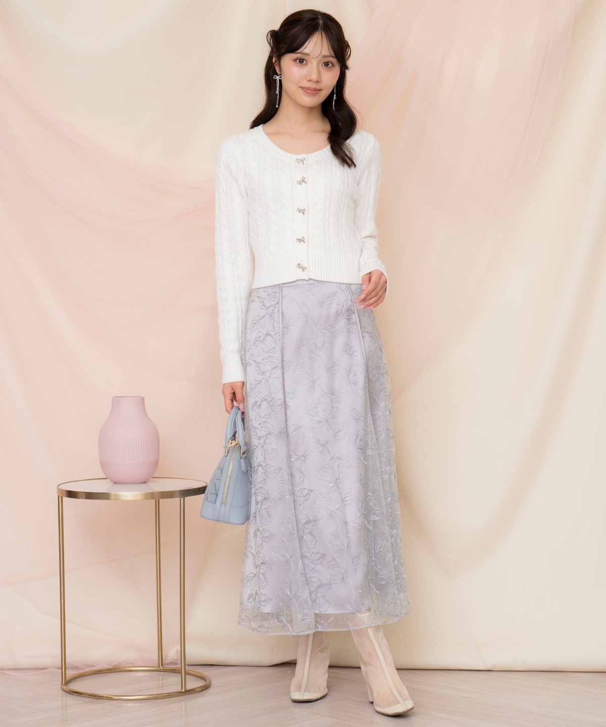 ビジューリボンケーブルカーディガン