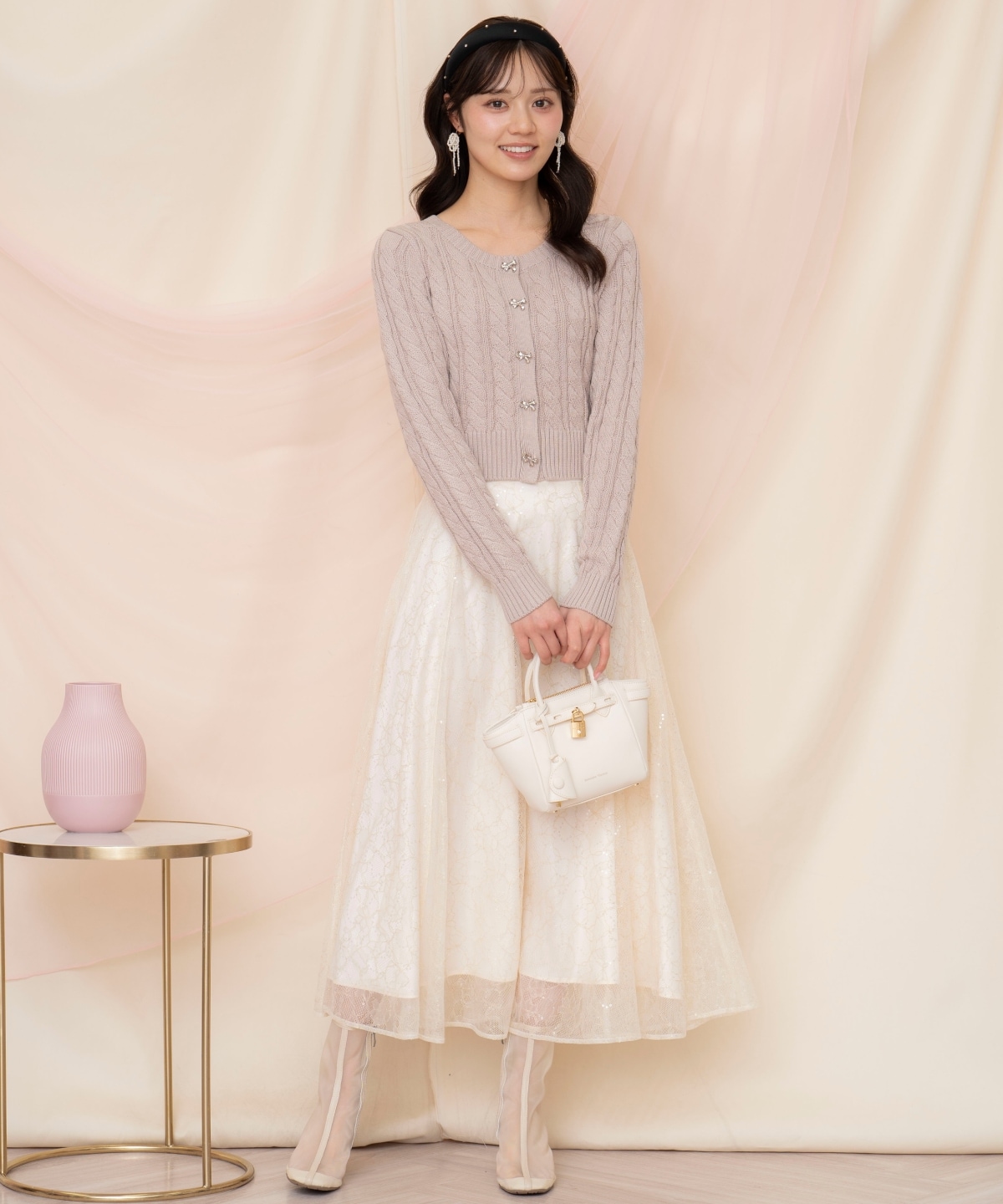 ビジューリボンケーブルカーディガン