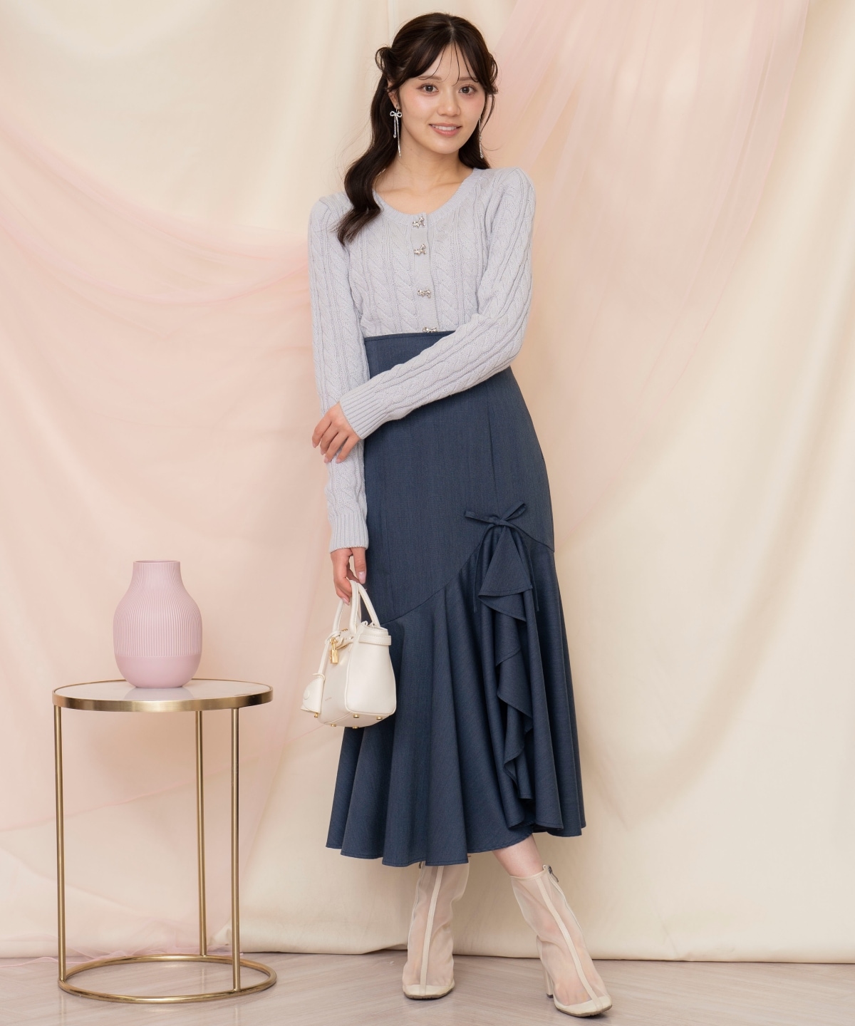 ビジューリボンケーブルカーディガン