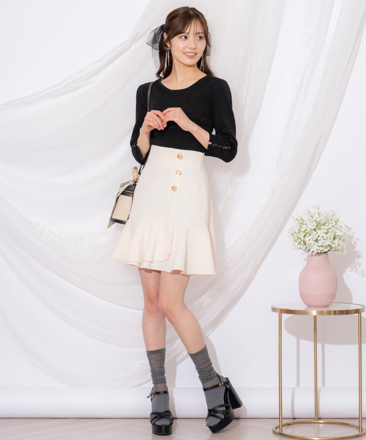 袖フラワーラメ7分袖ニットプルオーバー