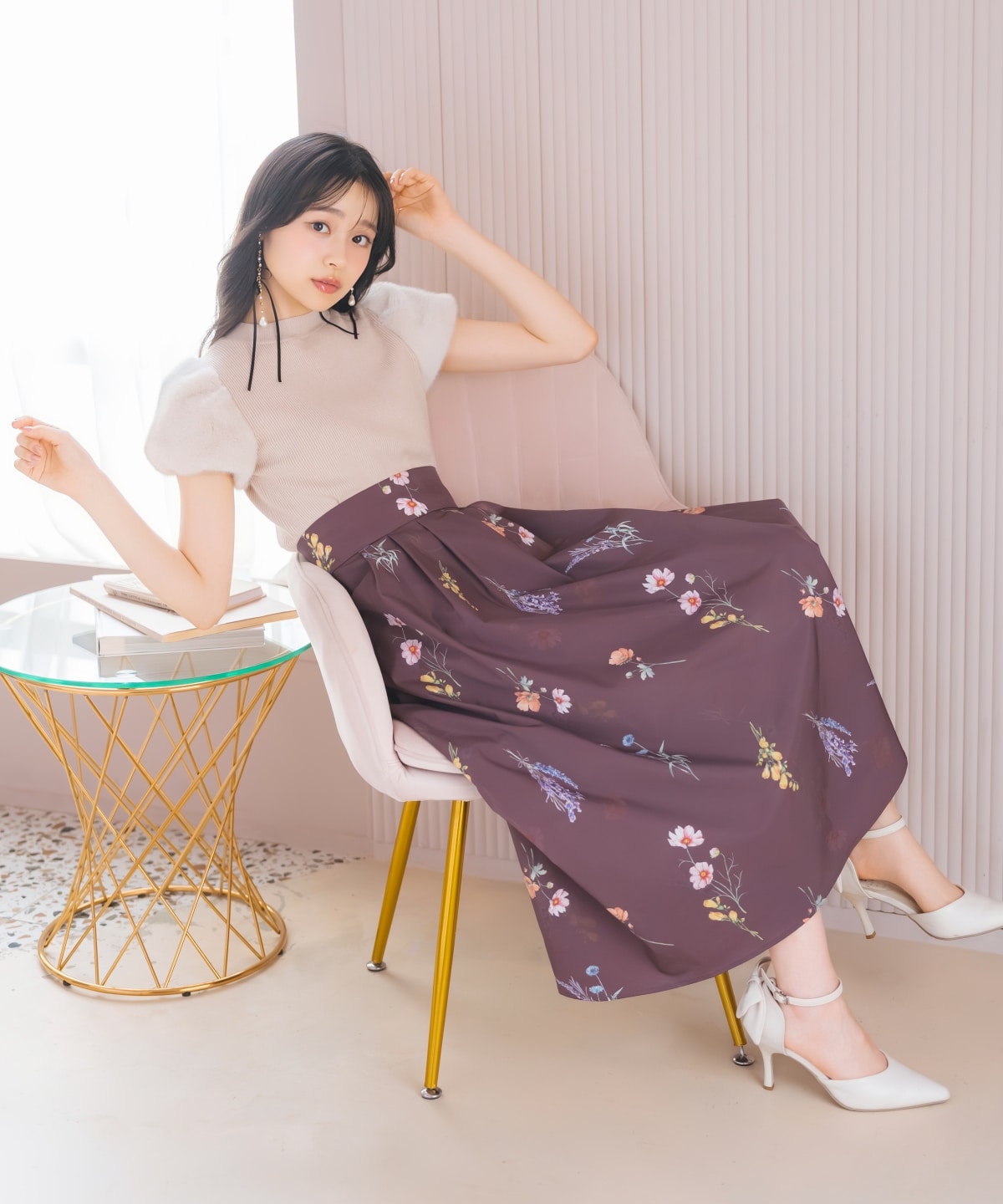 オータムボタニカルフラワータックスカート