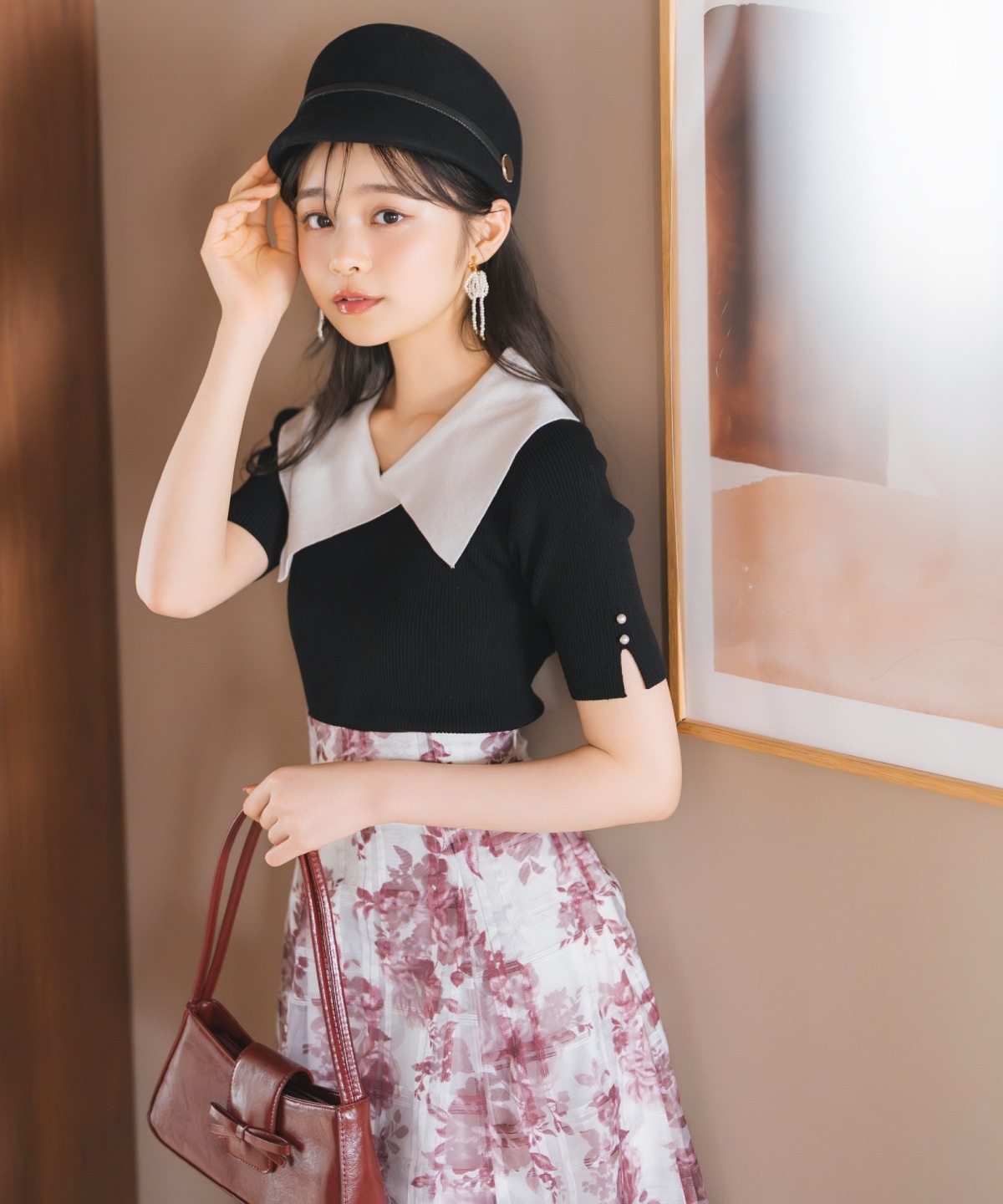 モノトーンフラワーオーガンジーフレアスカート