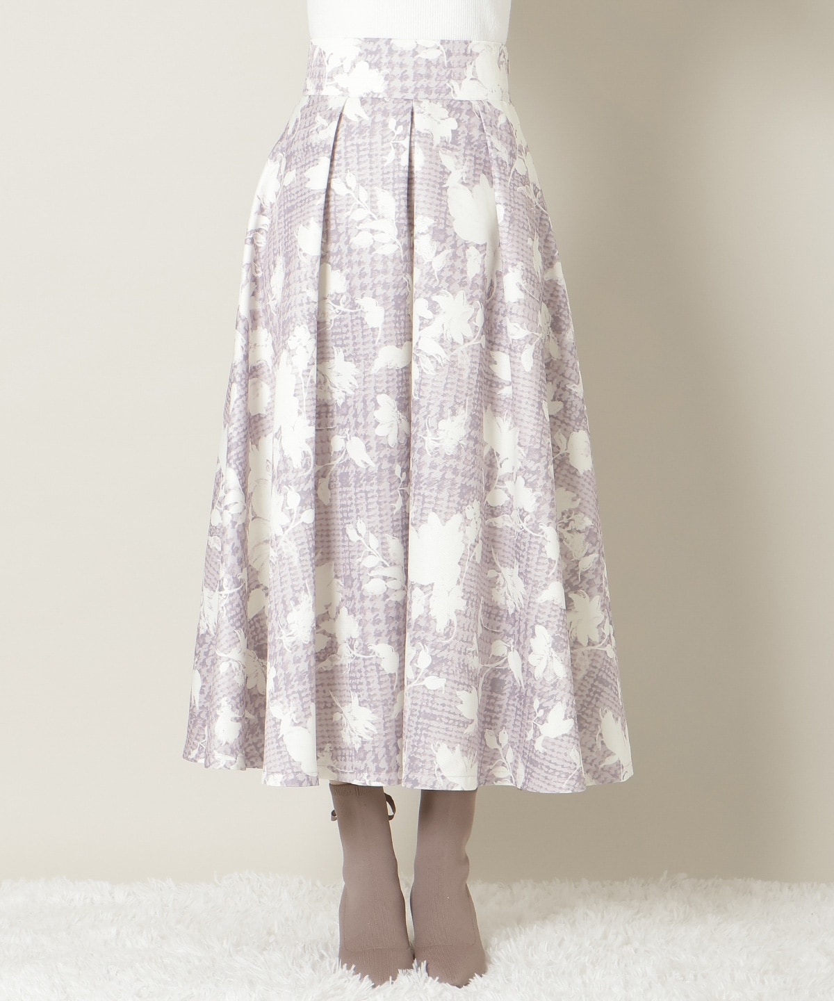 千鳥フラワープリントボリュームタックスカート