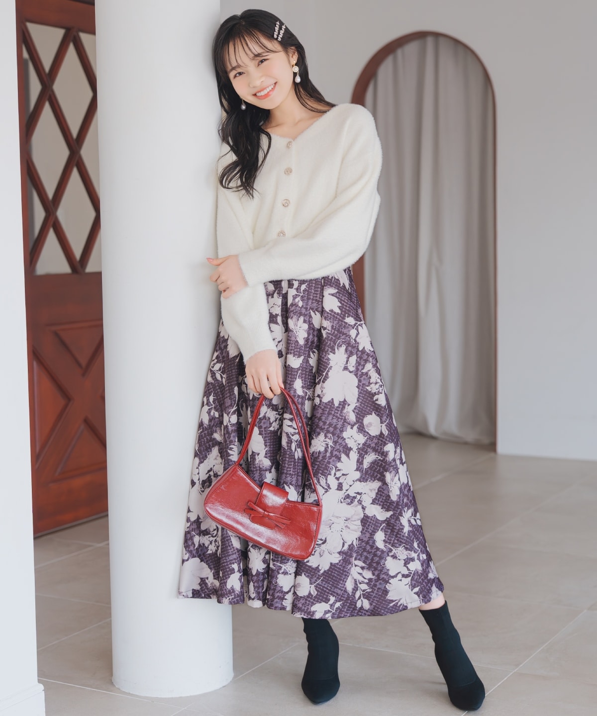 千鳥フラワープリントボリュームタックスカート