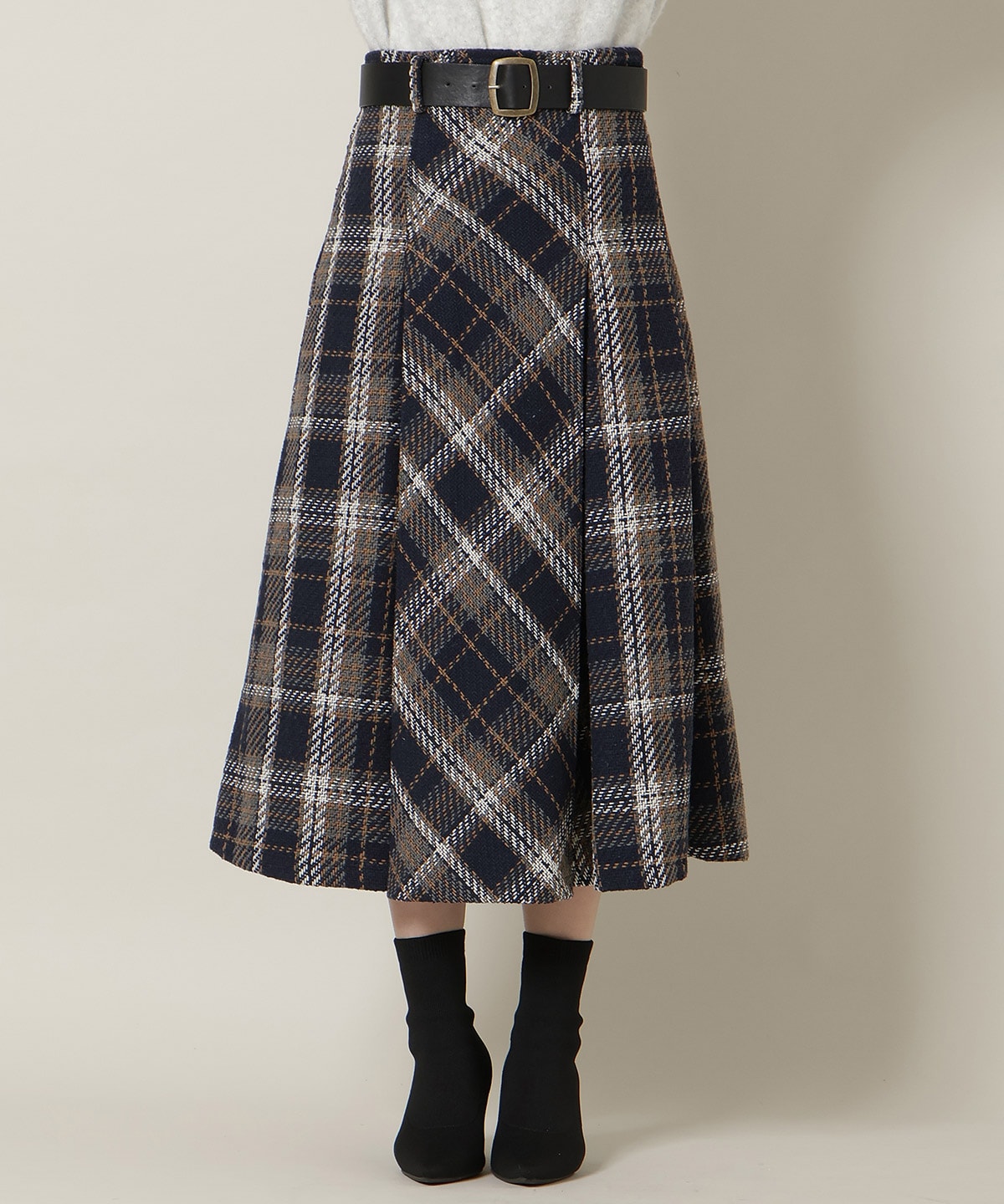 ベルト付きツイードミディ丈スカート